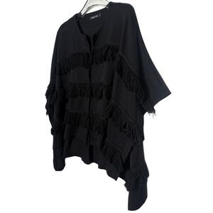 Sabatini Fringed Poncho Cardigan Small Black Merino Wool Oversized 40" Layered